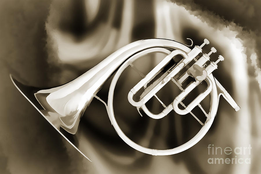 Painting of a French Horn Antique Classic in Sepia 3430.01 Painting by M K Miller