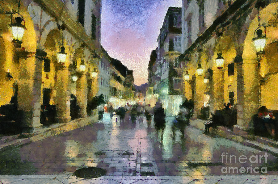 Old city of Corfu during dusk time #1 Painting by George Atsametakis