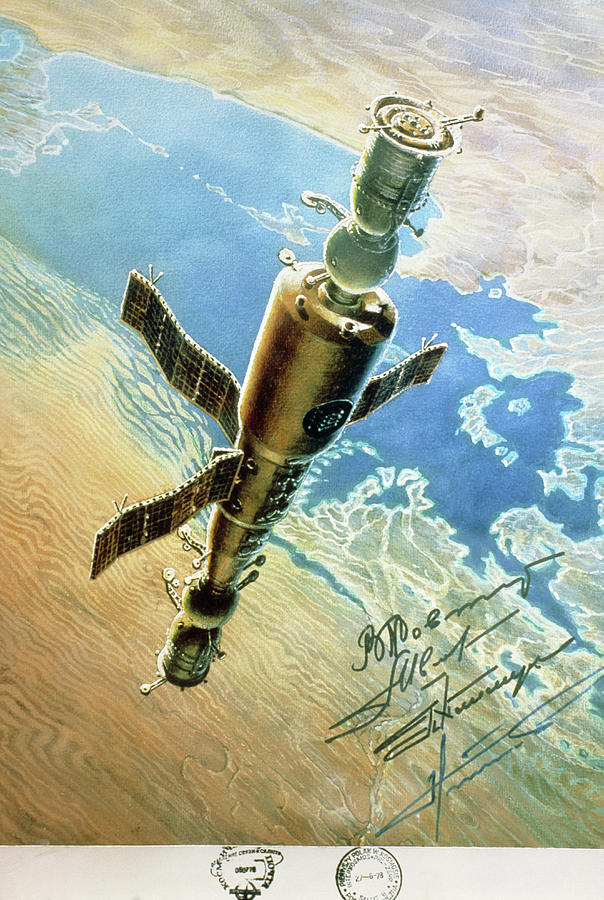 Space Photograph - Painting Of Salyut 6 Over Baikonur Cosmodrome by A.sokolov/ Asap/ Science Photo Library