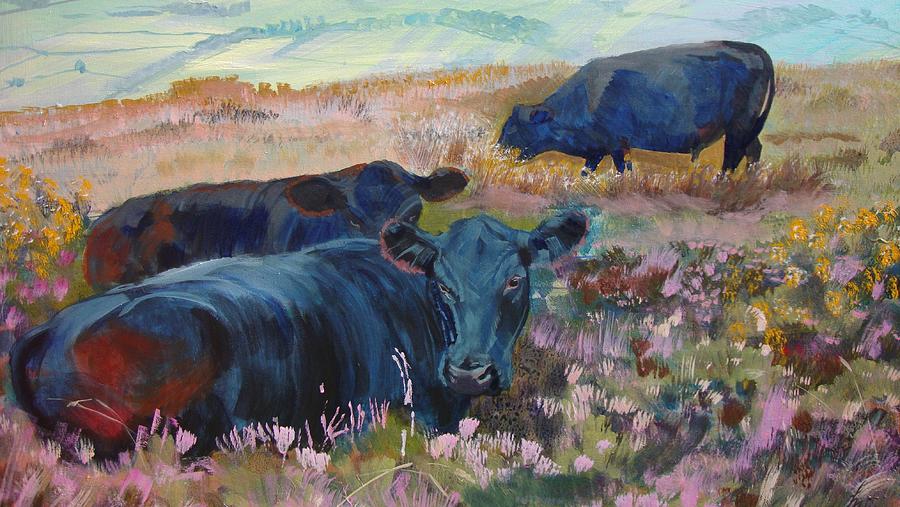 Painting of three black cows in landscape without sky Painting by Mike Jory