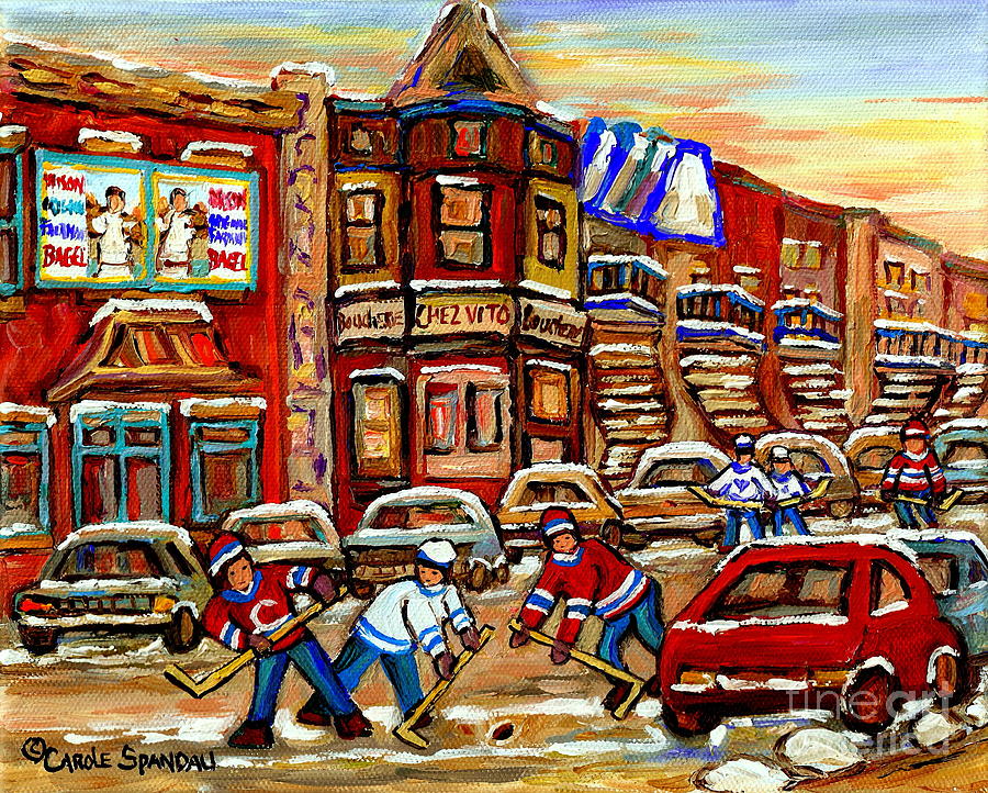 Paintings Of Fairmount Bagel Street Hockey Game Near Chez Vito Montreal Art Winter City Cspandau Painting by Carole Spandau