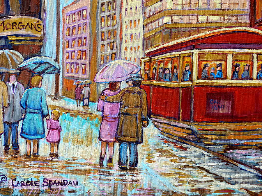 Montreal Painting - Paintings Of Fifties Montreal-downtown Streetcar-vintage Montreal Scene by Carole Spandau