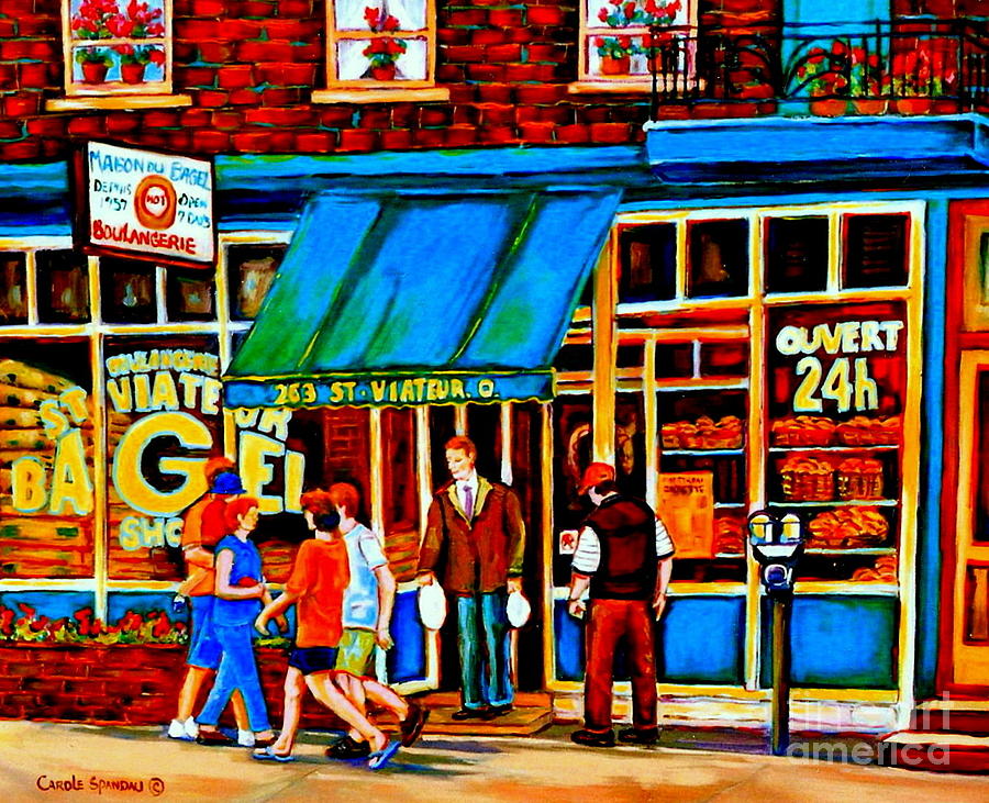 Paintings Of Montreal Memories Bagel And Bread Shop St. Viateur Boulangerie Depanneur City Scenes Painting by Carole Spandau