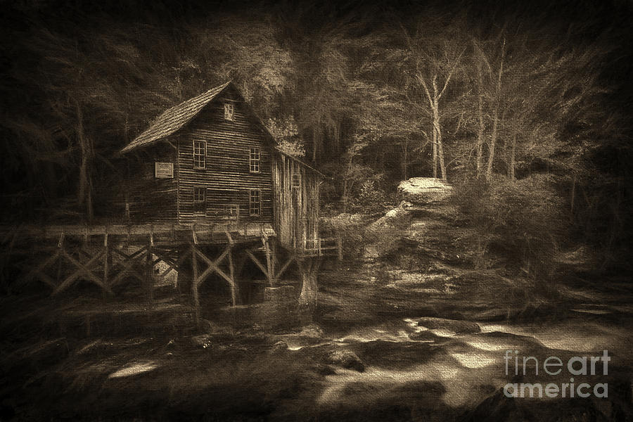 Paintography sepia of Grist Mill at Babcock State Park Photograph by Dan Friend