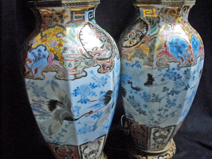 Crane Ceramic Art - Pair of Japanese Hirado porcelain vases by Anonymous