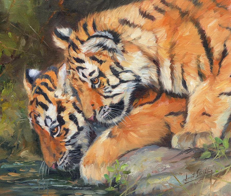 Pair of Tiger Cubs Painting by David Stribbling