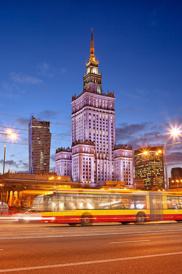 Transportation Photograph - Palace of Culture and Science in Warsaw at Dusk by Artur Bogacki