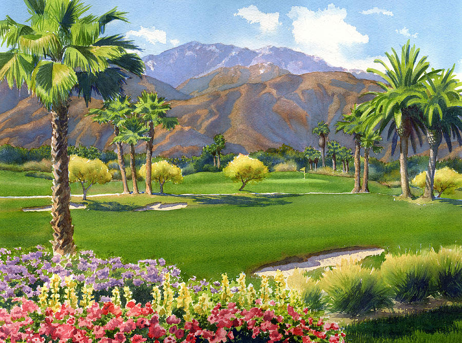 Palm Springs Golf Course with Mt San Jacinto Painting by Mary Helmreich