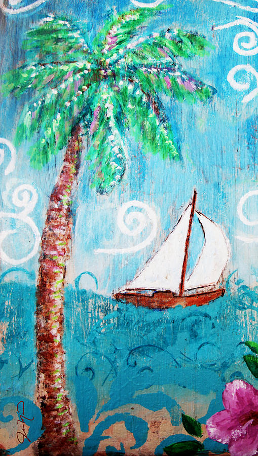 Beach Painting - Palm Tree and Sailboat by Jan Marvin by Jan Marvin