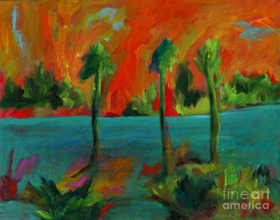 Palm Trio Sunset Painting by Elizabeth Fontaine-Barr