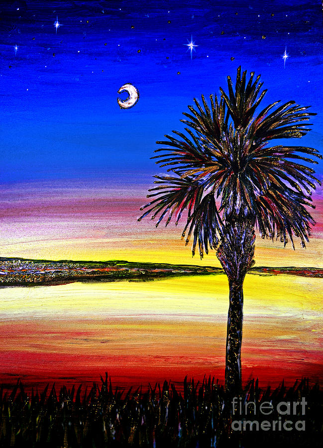 Palmetto Sunset Moon and Stars Painting by Pat Davidson