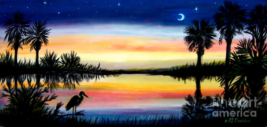 Egret Painting - Palmetto Tree Moon And Stars Low Country Sunset iii by Pat Davidson