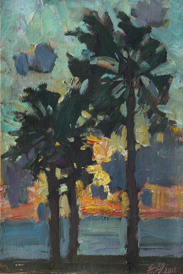 Palms sea and sunset Painting by Juliya Zhukova