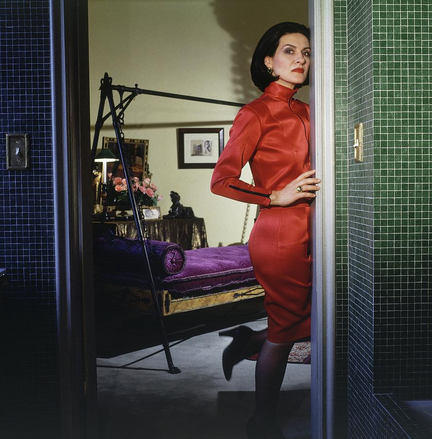 Paloma Picasso Wearing A Red Dress Photograph by Horst P. Horst