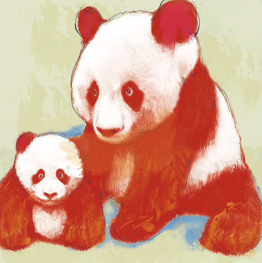 Panda mum with baby - stylised drawing art poster Drawing by Kim Wang
