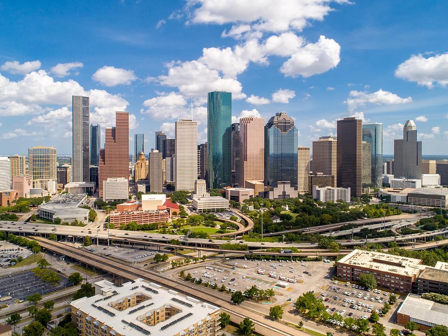 Panorama of aerial view of Downtown Houston, Texas, USA in a beautiful day. Photograph by Duy Do