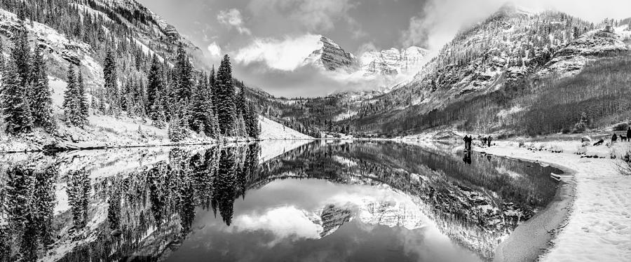Black And White Photograph - Panorama of Aspens Maroon Bells - Black and White by Gregory Ballos