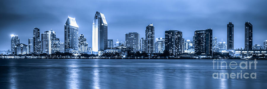 Panorama of Blue San Diego Skyline at Night Photograph by Paul Velgos