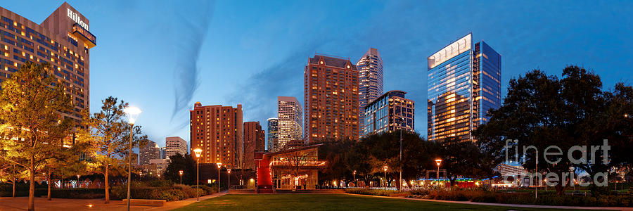 Houston Photograph - Panorama of Discovery Green Park at Dawn - Downtown Houston Texas by Silvio Ligutti