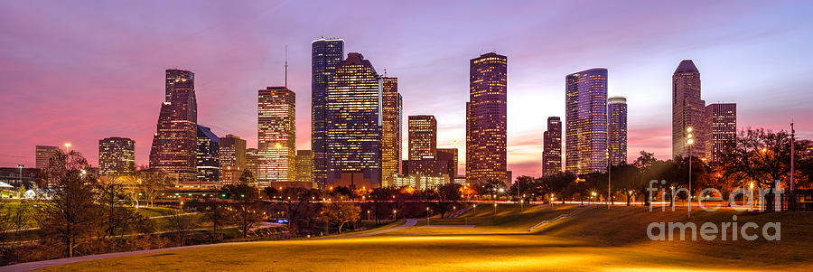 Panorama of Downtown Houston at Dawn from Eleanor Tinsley Park - Houston Texas Harris County Photograph by Silvio Ligutti