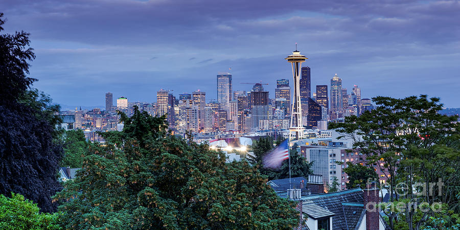Panorama of Downtown Seattle and Space Needle from Kerry Park at Dusk - Seattle Washington State Photograph by Silvio Ligutti
