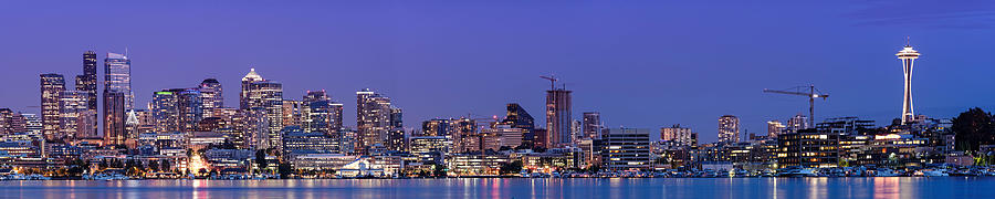 Panorama of Downtown Seattle from GasWorks Park at Twilight Seattle - Washington Photograph by Silvio Ligutti