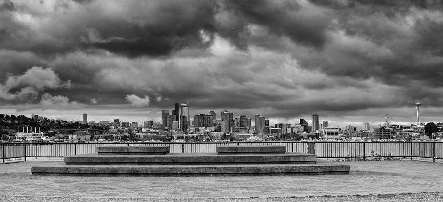Panorama of Downtown Seattle from GasWorks Park Seattle Black and White - Washington Photograph by Silvio Ligutti