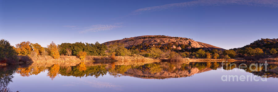 Panorama of Enchanted Rock in The Fall from Moss Lake - Fredericksburg Texas Hill Country  Photograph by Silvio Ligutti