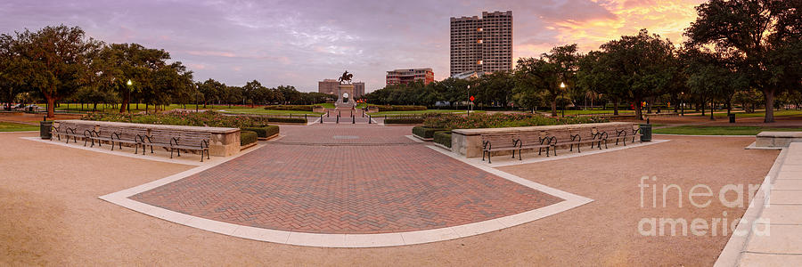 Panorama of Hermann Park with Sam Houston Statue at Sunrise - Museum District Houston Texas Photograph by Silvio Ligutti