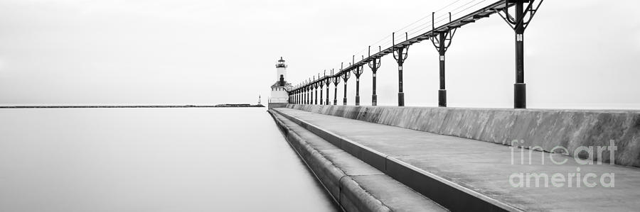 Lake Michigan Photograph - Panorama of Michigan City Lighthouse Black and White Photo by Paul Velgos