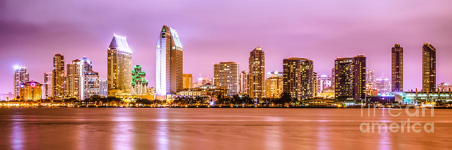 San Diego Photograph - Panorama Picture of San Diego Skyline at Night by Paul Velgos