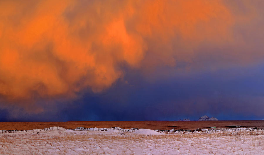 Winter Photograph - Panorama Red Blue Snowblizzard by June Groenseth