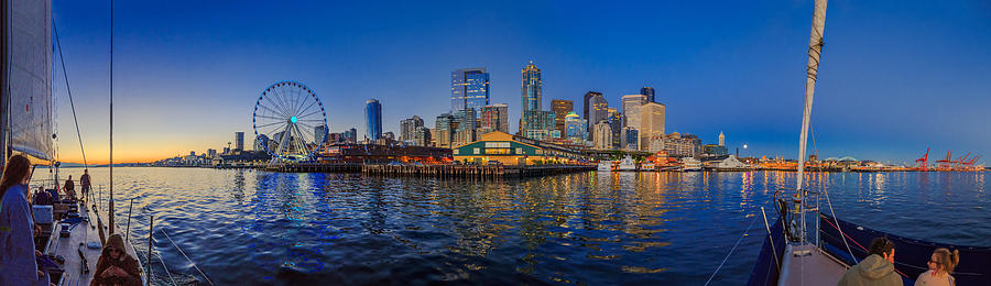 Panorama Seattle Skyline 2 Boats and a Ferris Wheel Photograph by Scott Campbell