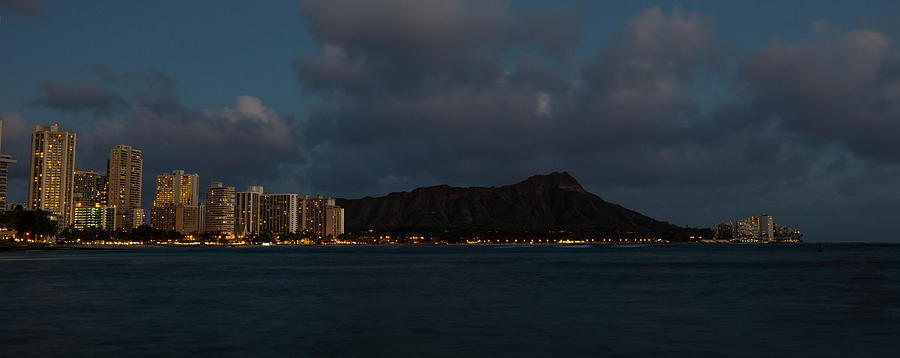 Panorama - Waikiki and Diamond Head in Honolulu Hawaii Skyline at Night Photograph by Georgia Mizuleva