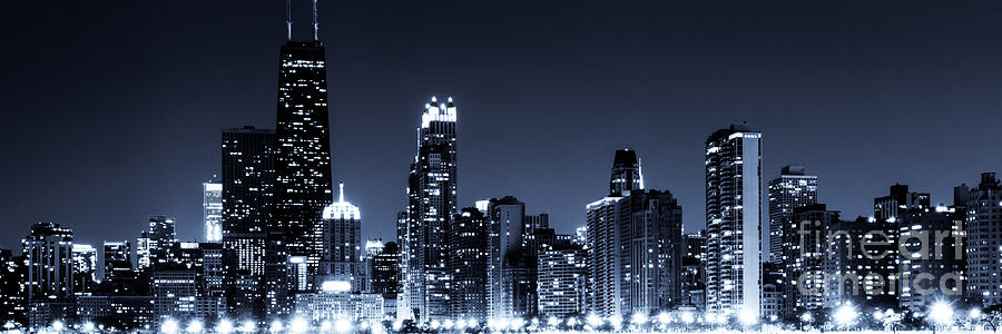 Panoramic Chicago Skyline at Night Blue Tone Photograph by Paul Velgos