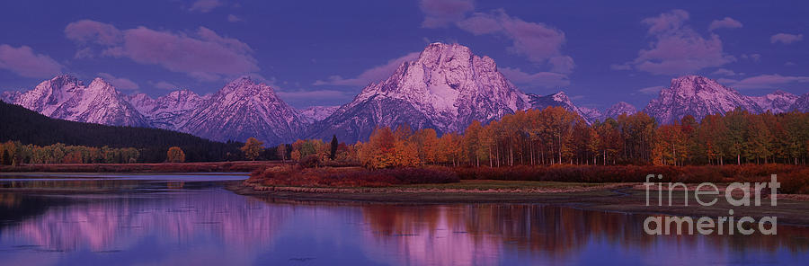 Panoramic Fall Morning Oxbow Bend Grand Tetons National Park Wyoming Photograph by Dave Welling