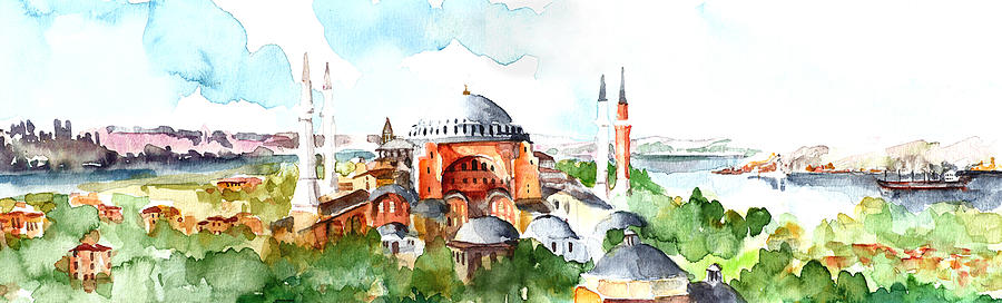 Panoramic Hagia Sophia in Istanbul Painting by Faruk Koksal