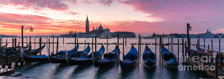 Panoramic of gondolas at sunrise in Venice Photograph by Matteo Colombo