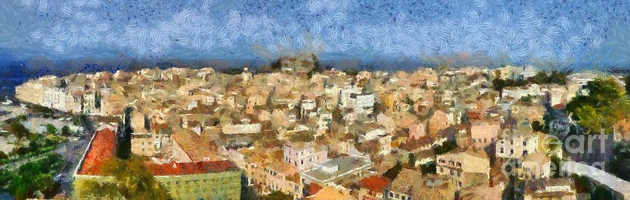 Skyline Painting - Panoramic painting of the old city of Corfu by George Atsametakis