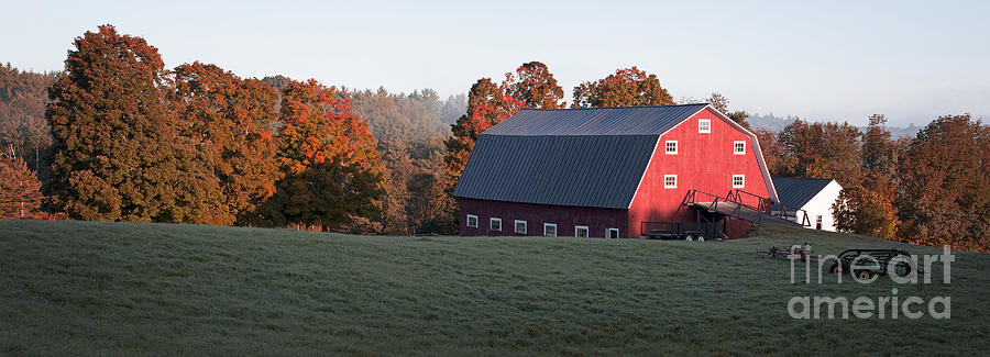 Panoramic view of a red barn at sunrise Photograph by Edward Fielding