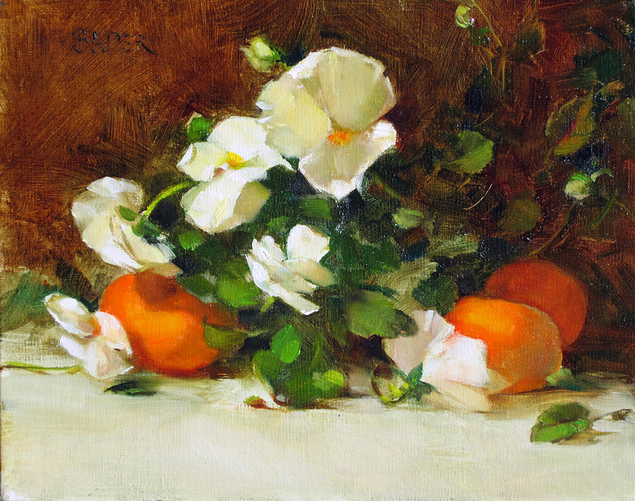 Still Life Painting - Pansies and Clementines by Chris  Saper
