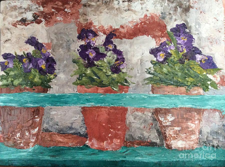 Knife Still Life Painting - Pansies in a pot by N Roman