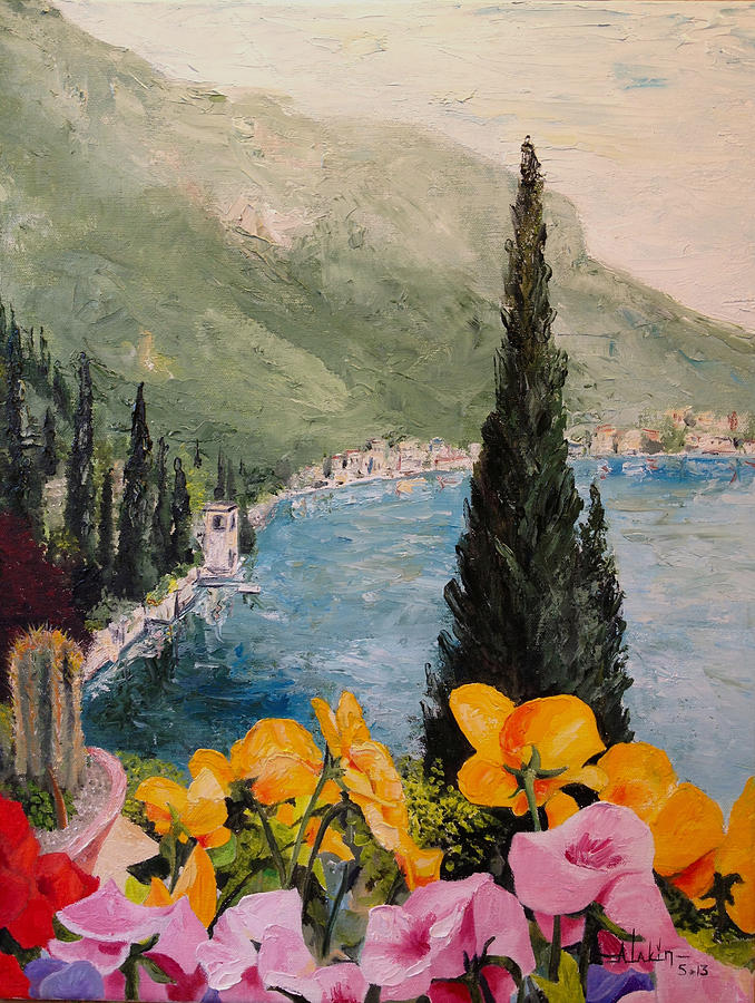 Pansies on Lake Como Painting by Alan Lakin