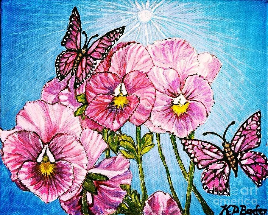 Pansy Pinwheels and the Magical Butterflies with Blue Skies Painting by Kimberlee Baxter