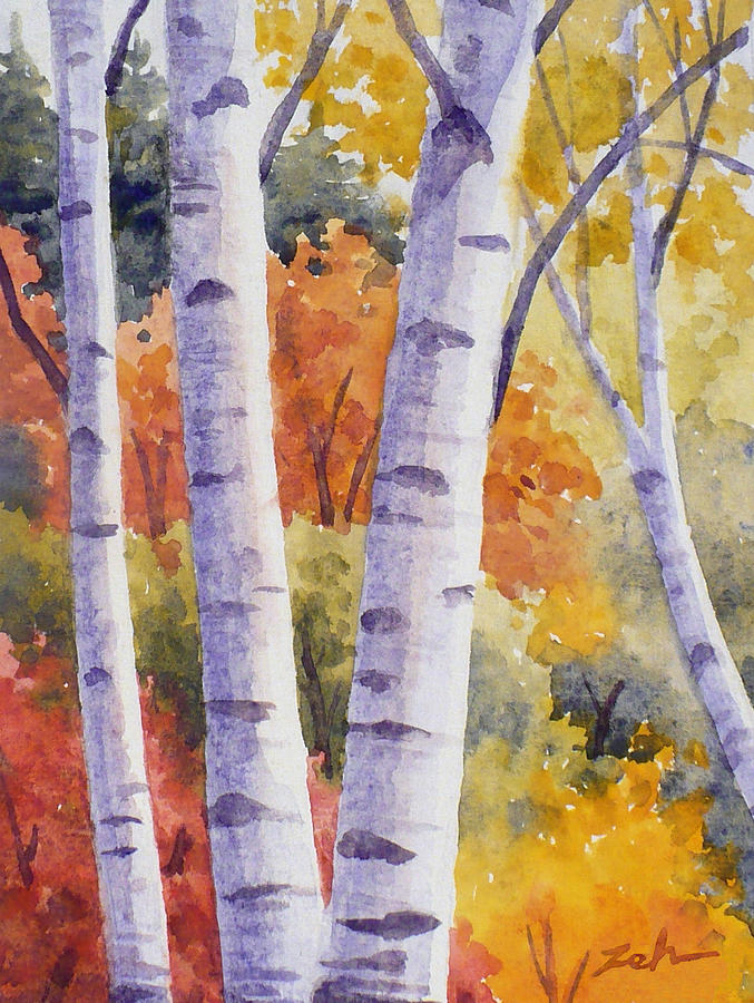 Paper Birches in Autumn Painting by Janet Zeh