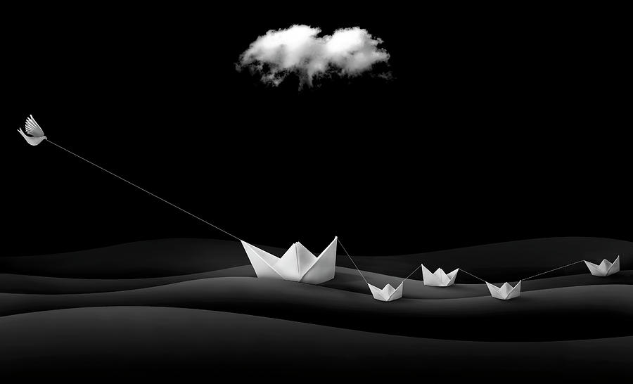 Black And White Photograph - Paper Boats by Sulaiman Almawash
