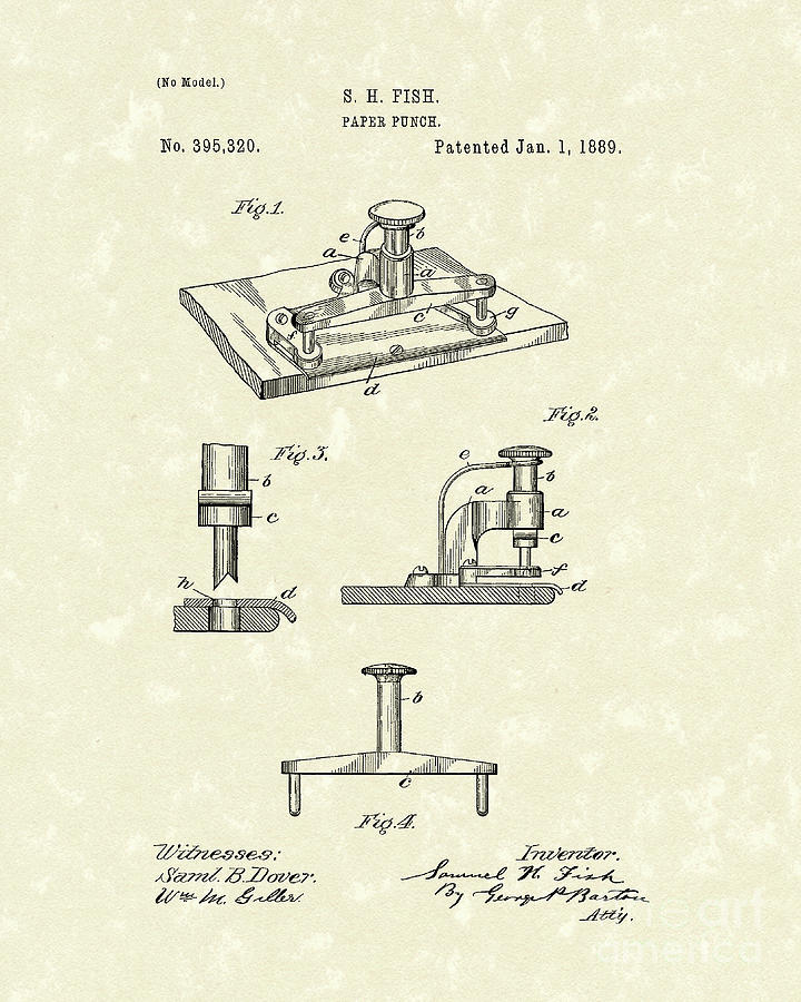 Paper Punch 1889 Patent Art Drawing by Prior Art Design