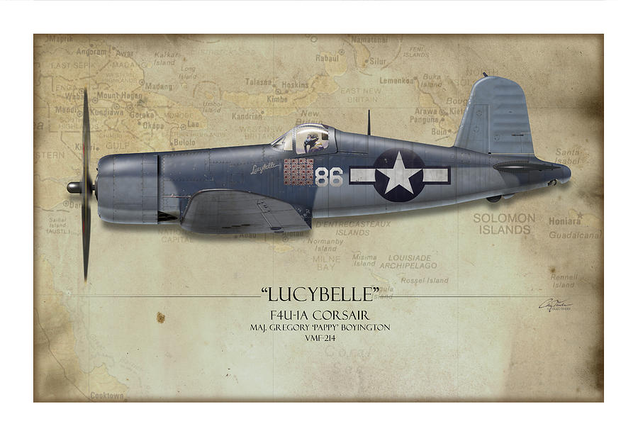 Aviation Painting - Pappy Boyington F4U Corsair - Map Background by Craig Tinder