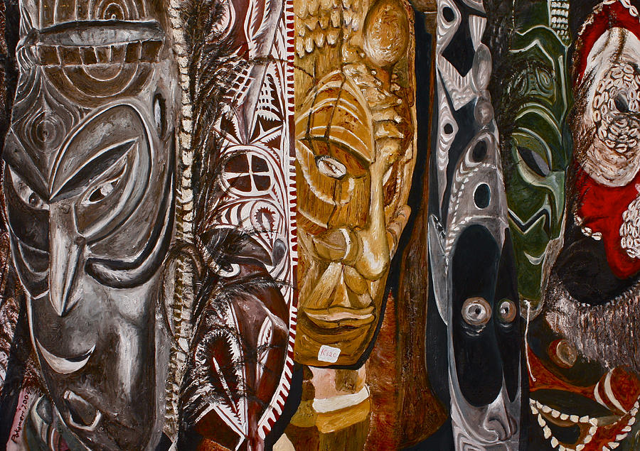 Oil Painting - Papua New Guinea Masks by Carol Tsiatsios