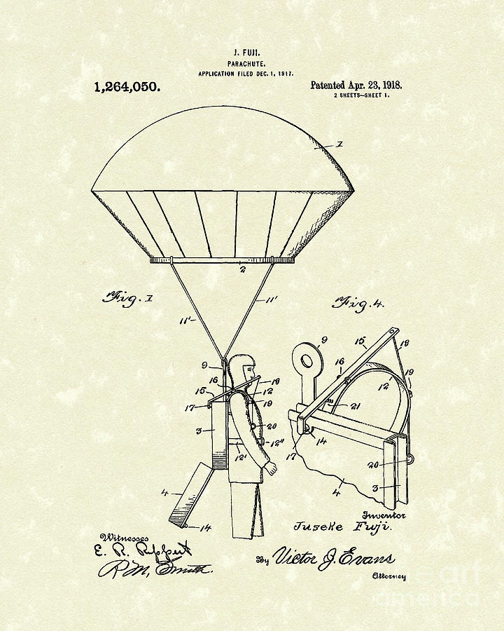 Fuji Drawing - Parachute 1918 Patent Art  by Prior Art Design